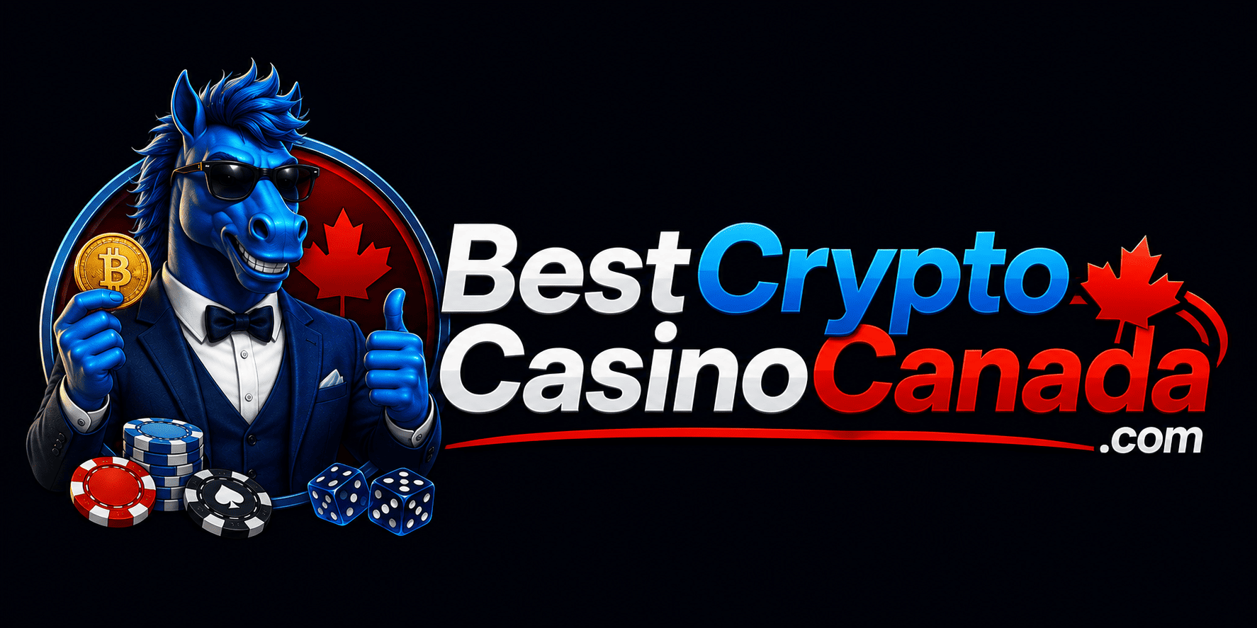 Bannière BestCryptoCasinoCanada avec la mascotte cheval bleu tenant une pièce de Bitcoin