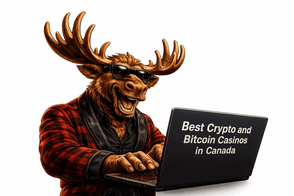 Orignal à lunettes de soleil devant un portable affichant « Best Crypto and Bitcoin Casinos in Canada »