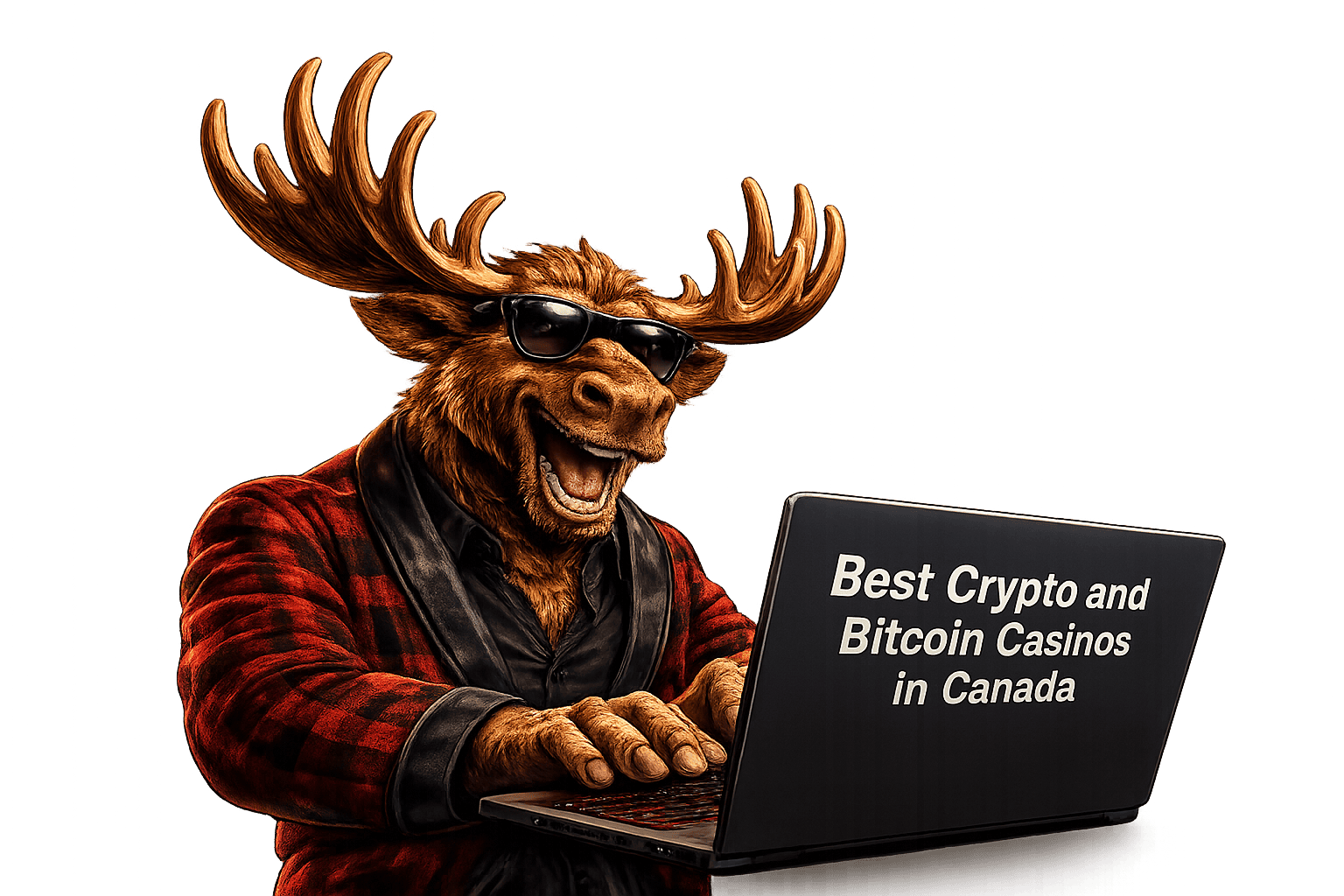 Orignal à lunettes de soleil devant un portable affichant « Best Crypto and Bitcoin Casinos in Canada »