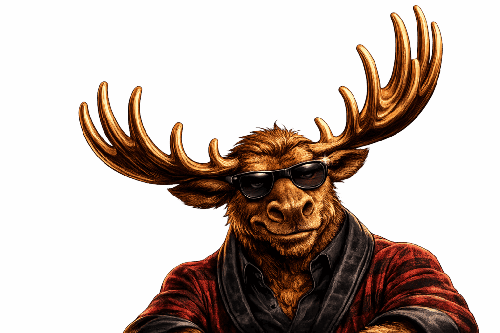 Close-up of the site mascot, a moose wearing sunglasses
