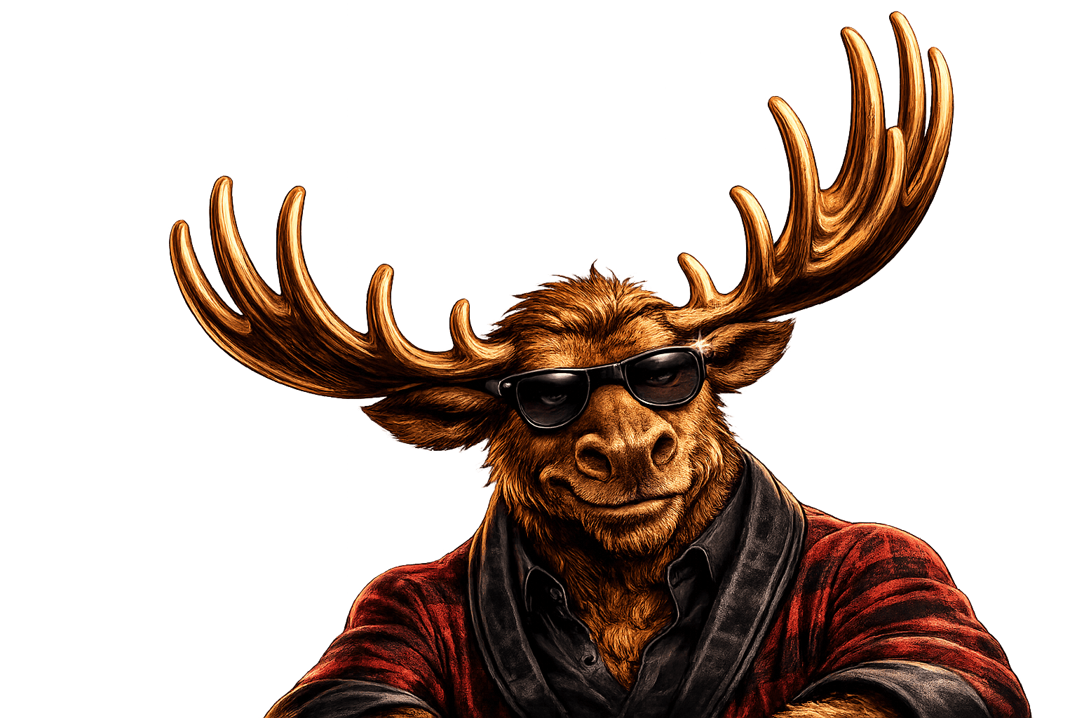 Gros plan sur la mascotte du site, un orignal portant des lunettes de soleil
