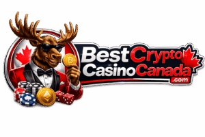 Logo BestCryptoCasinoCanada : un orignal en smoking tenant une pièce de Bitcoin à côté de jetons de casino