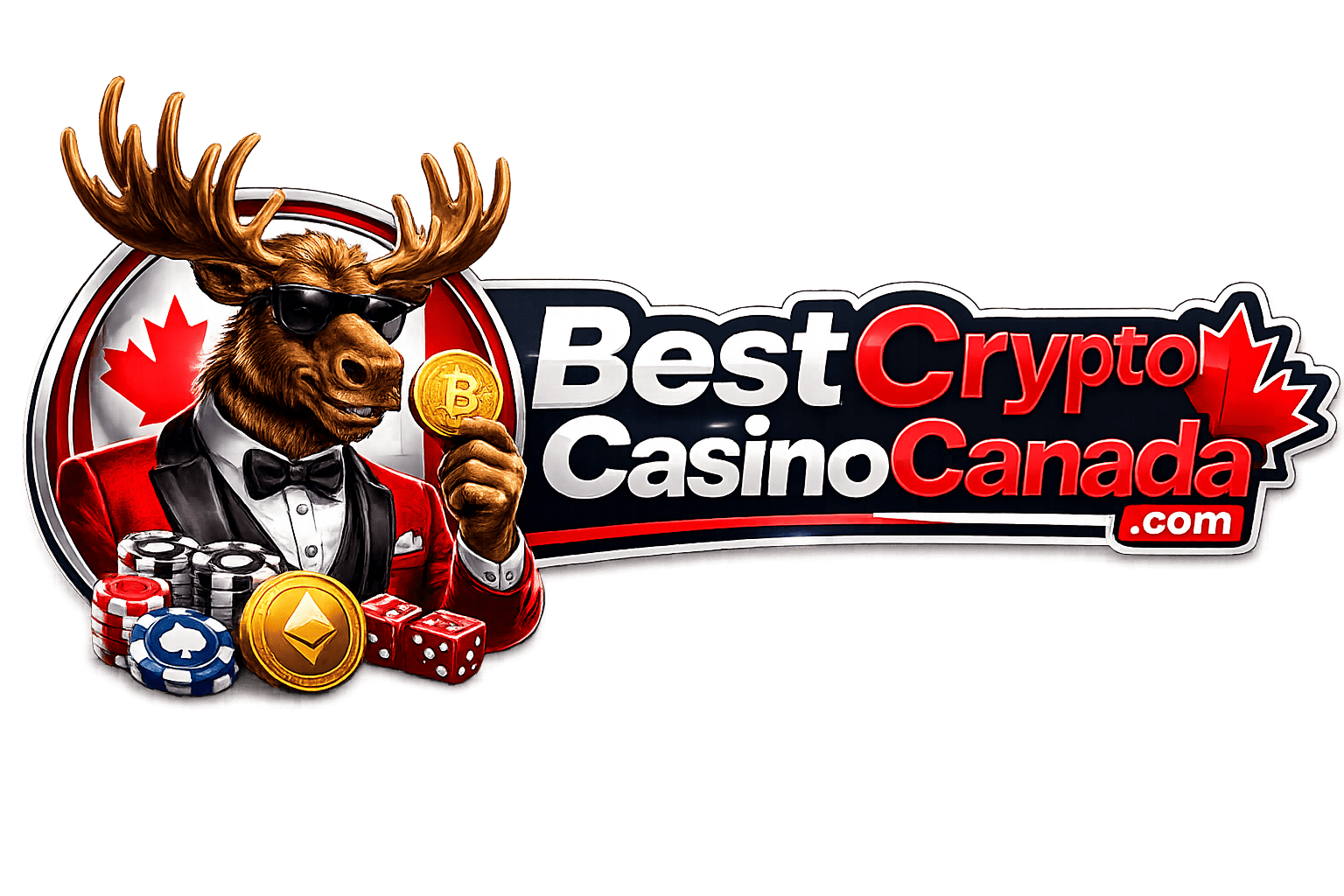 Logo BestCryptoCasinoCanada : un orignal en smoking tenant une pièce de Bitcoin à côté de jetons de casino