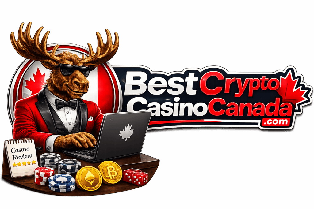 Logo BestCryptoCasinoCanada : un orignal en smoking devant un portable, avec des jetons de casino et des pièces de Bitcoin