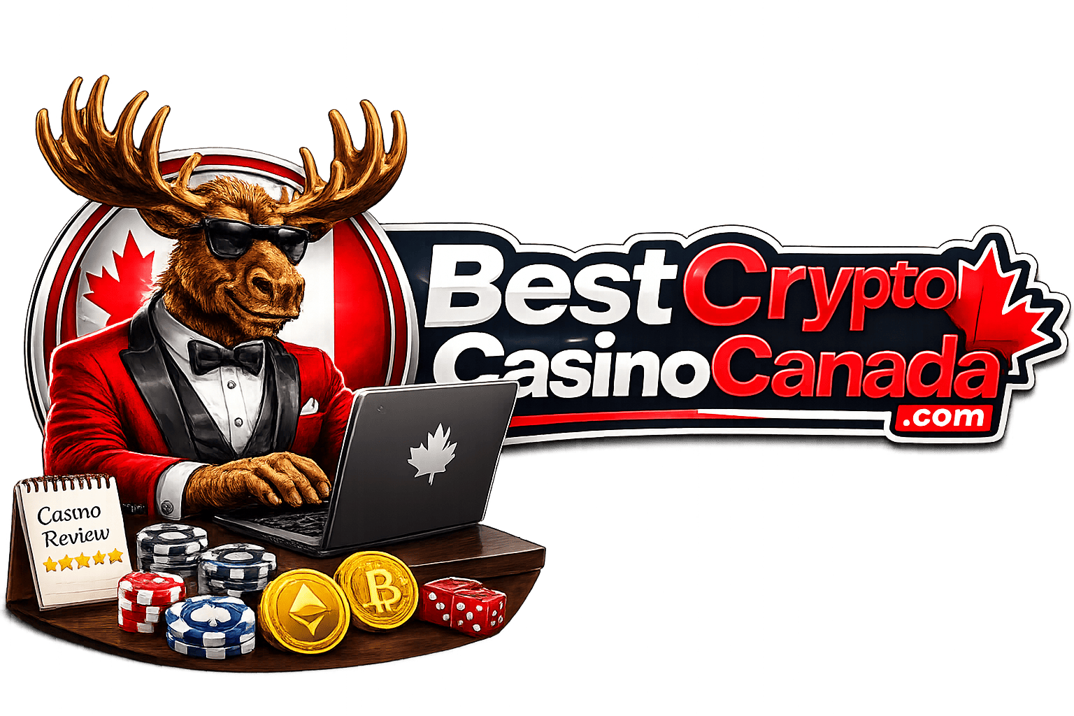 Logo BestCryptoCasinoCanada : un orignal en smoking devant un portable, avec des jetons de casino et des pièces de Bitcoin