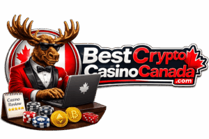 Logo BestCryptoCasinoCanada : un orignal en smoking devant un portable, avec des jetons de casino et des pièces de Bitcoin
