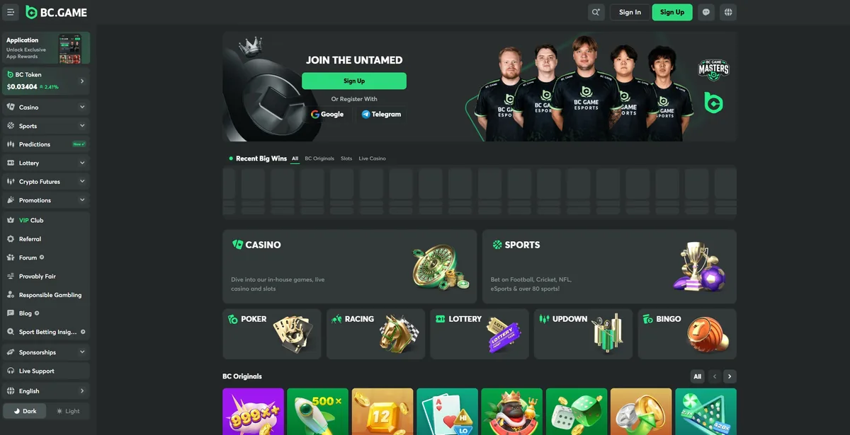 BC.Game homepage with sign-up panel and casino sections