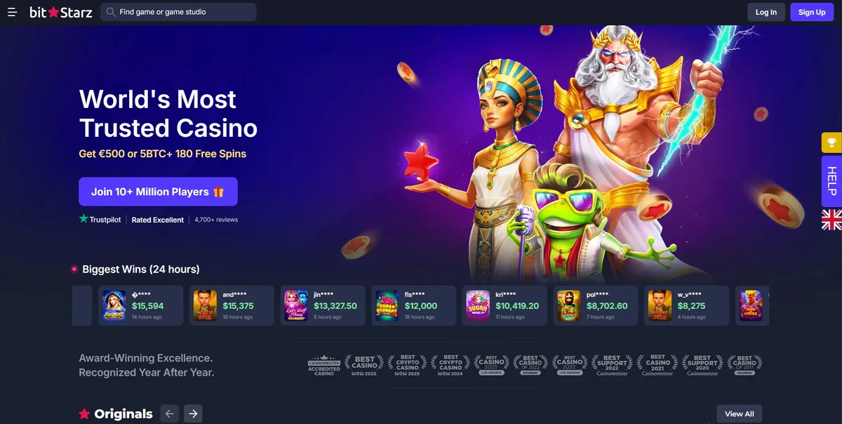 BitStarz homepage offering EUR 500 or 5 BTC plus 180 free spins