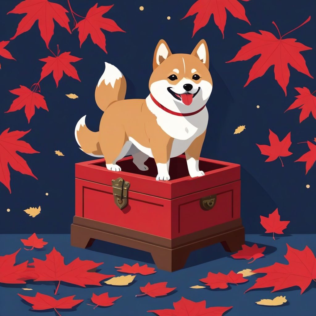 Illustration d’un shiba inu debout dans un coffre rouge ouvert, entouré de feuilles d’érable