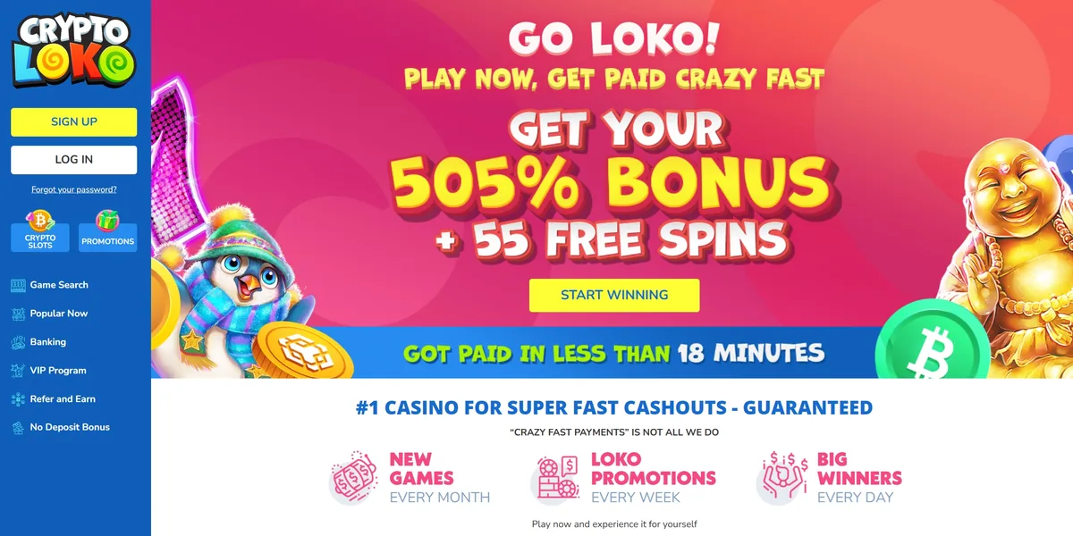 Crypto Loko homepage offering a 505% bonus plus 55 free spins