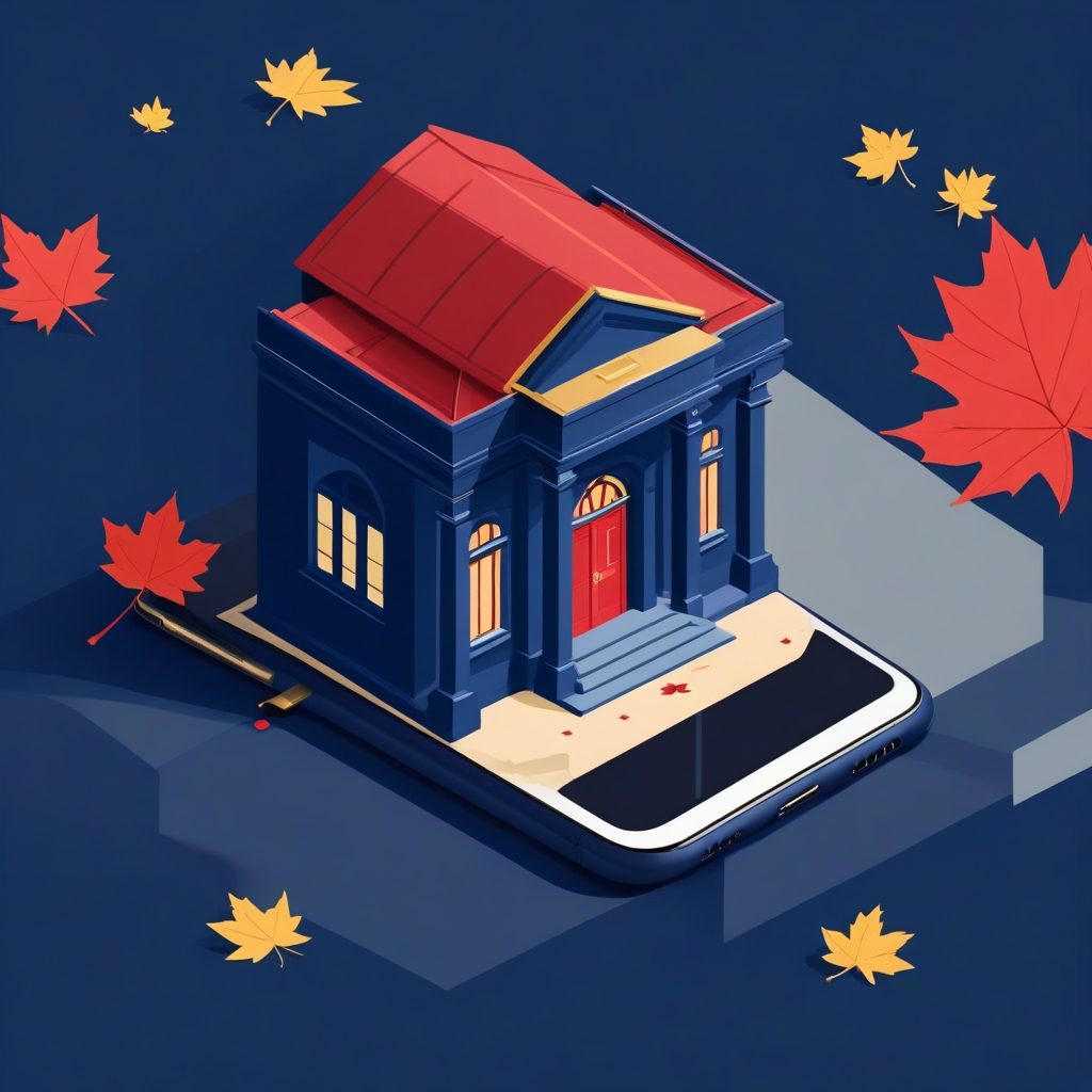 Illustration d’une petite banque posée sur l’écran d’un téléphone, entourée de feuilles d’érable