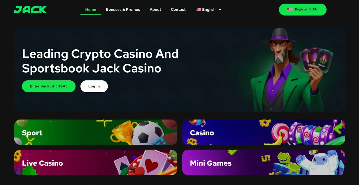 Jackbit homepage branded Jack Casino with a Register (USA) button