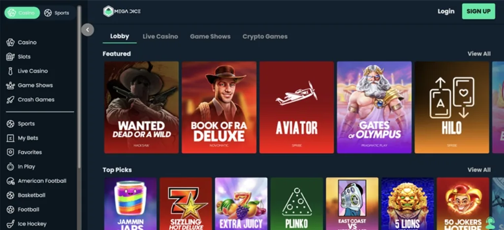 Mega Dice casino lobby showing featured slot and crash games