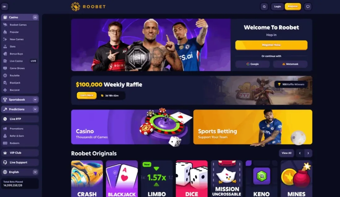 Roobet homepage with registration panel and a $100,000 weekly raffle banner