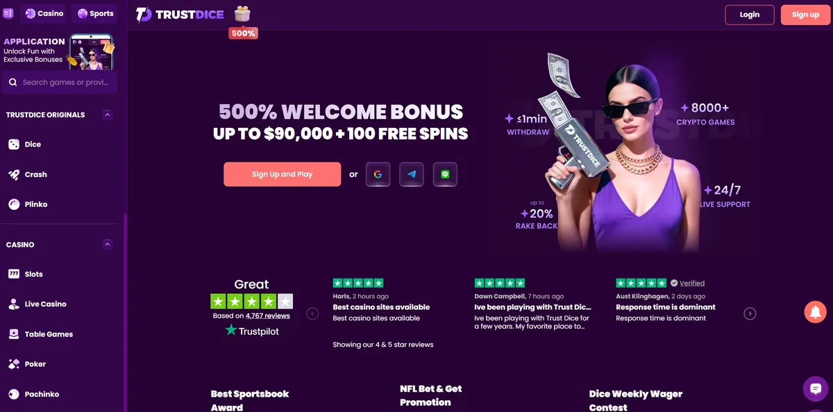 TrustDice homepage offering a 500% welcome bonus up to $90,000 plus 100 free spins