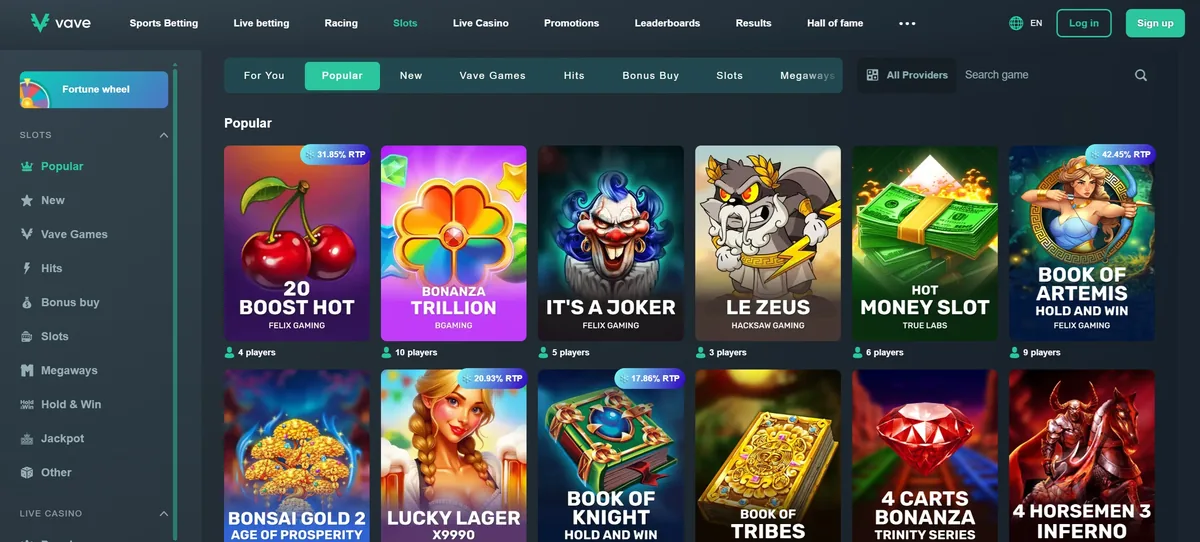 Vave casino game lobby with slot tiles and player counts, captured 7 September 2026