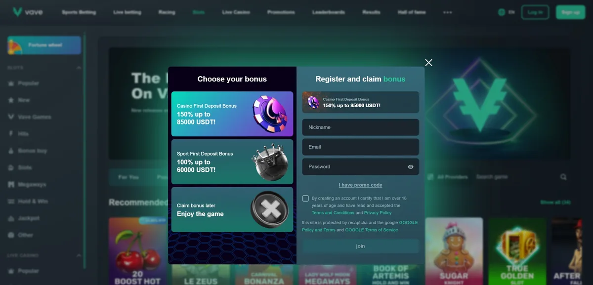 Vave sign-up screen offering a 150% casino first-deposit bonus up to 85,000 USDT
