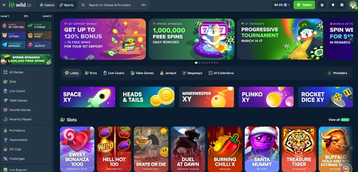 Wild.io lobby with a first-deposit banner offering up to 120% and 75 free spins